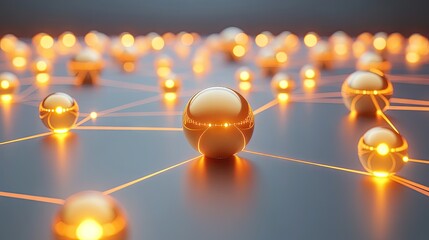 Golden spheres connected by a network of luminous lines.