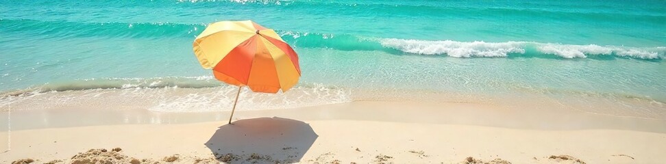 A vibrant striped beach umbrella provides shade on a sunny shore, casting a shadow on the warm sand Perfect for summer vacation themes, travel brochures, or holiday imagery , sunshine, sand