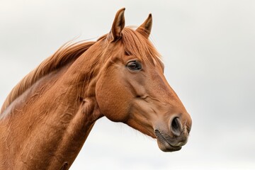 Fototapeta premium A horse with a flowing mane appears powerful and graceful against a simple white backdrop, with its strength and elegance clear to see.