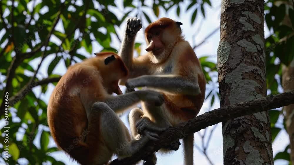 Poster two monkeys interact playfully on a tree branch, captured from a low-angle shot, highlighting their 