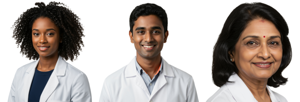 Diverse team of smiling medical professionals. Young Black female doctor, young Indian male doctor, and mature Indian female doctor in white coats against a transparent background.
