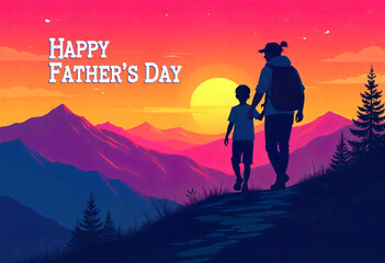 Fototapeta premium Father and son hiking at sunset celebrate happy father's day in nature's beauty