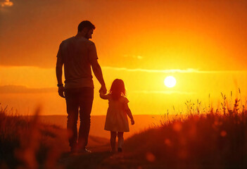 Father and daughter walking together into the sunset creating a silhouette with warm colors