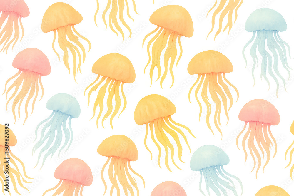 Poster colorful watercolor jellyfish floating on a transparent background, creating a seamless pattern idea