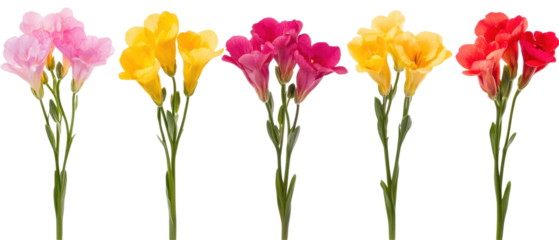 Close Up Of Five Colorful Freesia Flowers In Pink Yellow And Red Hues Arranged Vertically On A Transparent Background