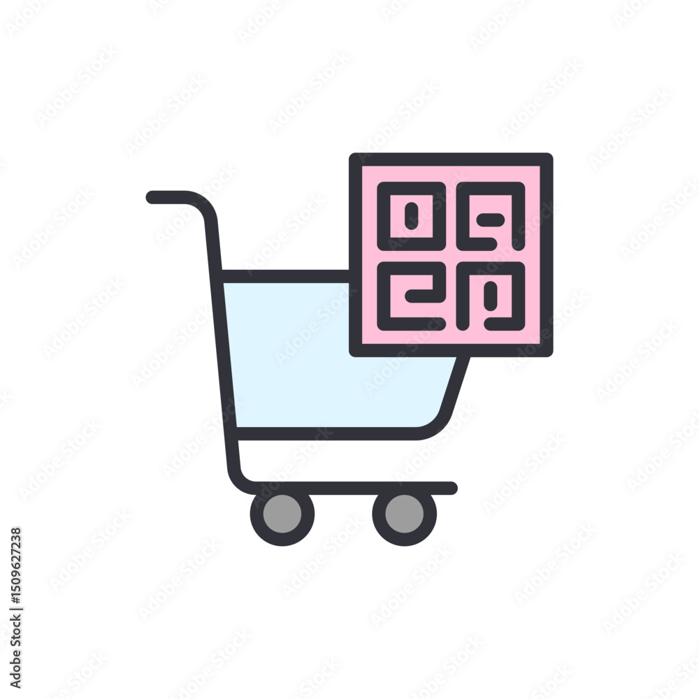 Poster symbolizing secure shopping with a qr code over a light blue cart
