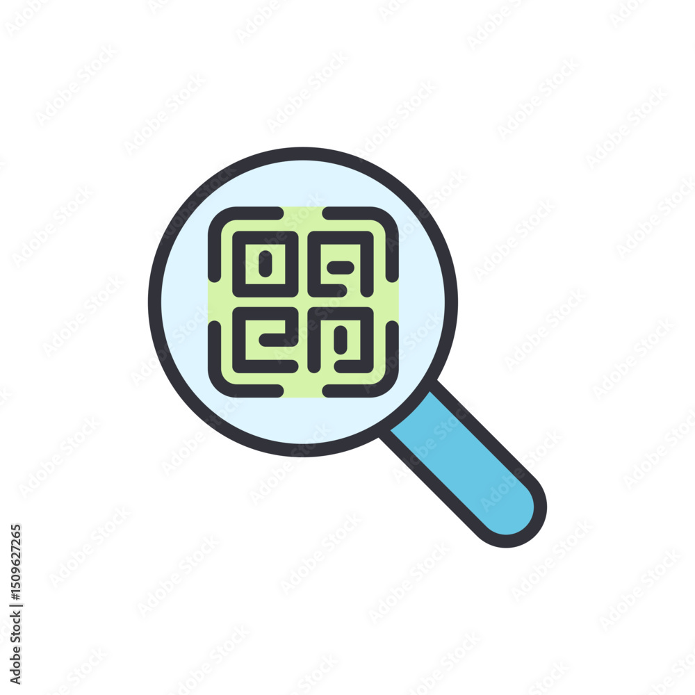 Poster scanning qr code with magnifying glass for information access