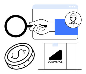 Plakat Hand holding magnifying glass over browser, highlighting user profile. Coin represents money, storefront conveys e-commerce. Ideal for business, shopping, finance, market analysis, customer