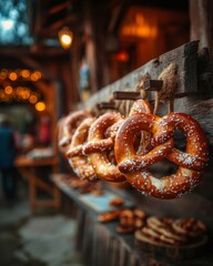 Freshly baked pretzels hanging on a rustic wooden rack at an outdoor food stall