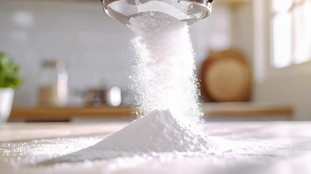Powdered sugar falls from a sifter onto a surface