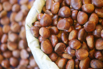 Fresh chestnuts gathered in a burlap bag at market