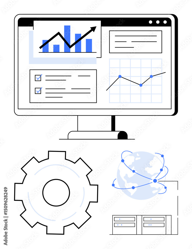 Poster digital dashboard with graphs, global network icon, gear symbol, and data servers. ideal for analyti