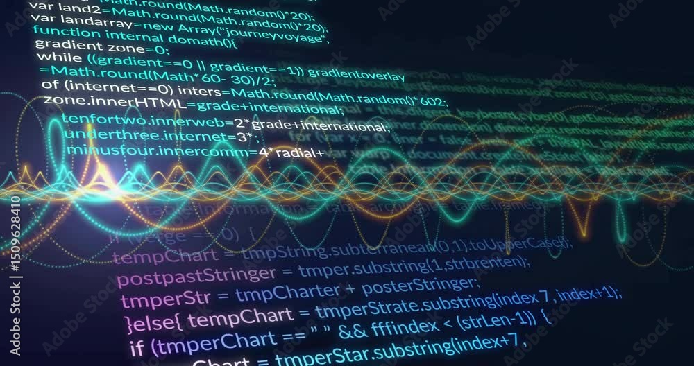 Poster initiating code loading, multicolored waveform pulsing under javascript lines showing data flow
