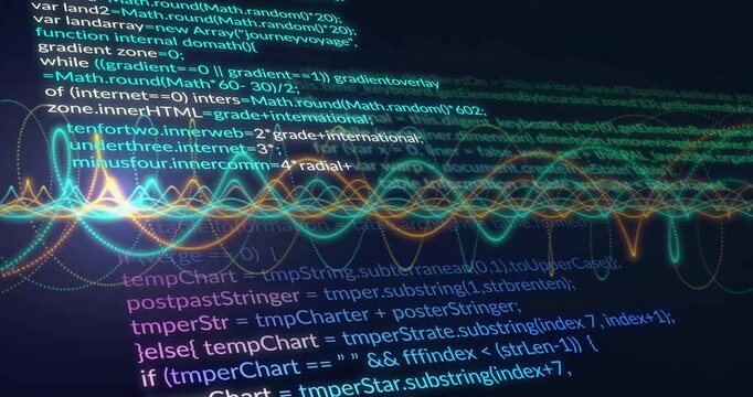 Initiating code loading, multicolored waveform pulsing under JavaScript lines showing data flow