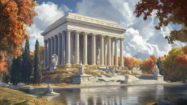 A large white building with columns and statues in front of a lake. The building is surrounded by trees and has a peaceful, serene atmosphere