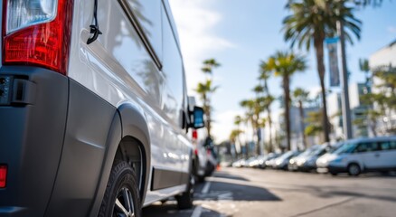 White van parked near palm trees during day