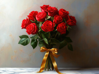 Classic bouquet of red roses tied with gold ribbon on marble table