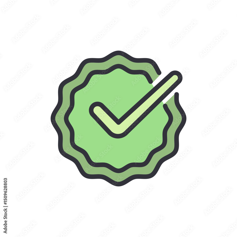 Poster approval check mark symbol on round badge with transparent background
