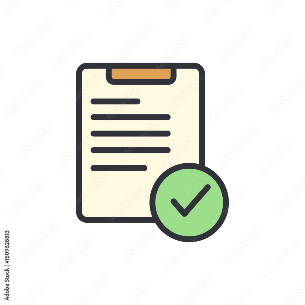 Poster document confirmation icon for approved tasks on transparent background