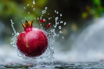 Vibrant pomegranate splashing in water demonstrating freshness and health on a sunny day
