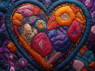 Stitched fabric heart with delicate patterns in a close-up perspective