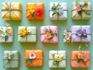 A heartwarming display of small wrapped gifts adorned with flower sprigs
