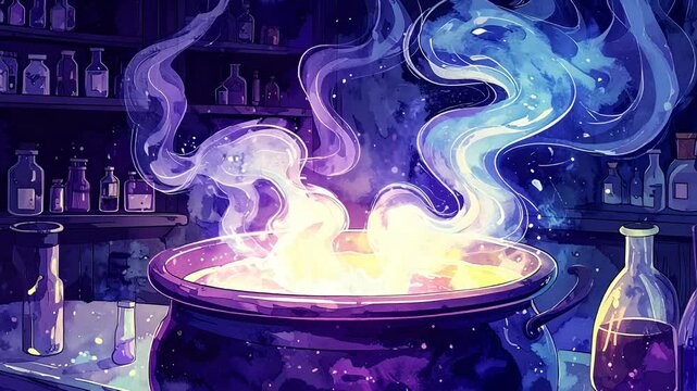 Steaming cauldron, potion bottles on shelves, magical scene