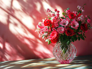 Wooden surface featuring a crystal vase with mixed red and pink flowers