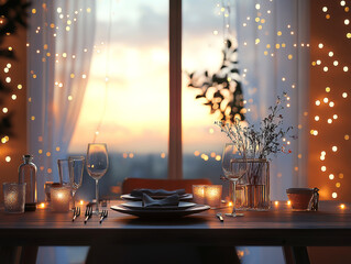 Fairy-lit dining table surrounded by elegant sheer white curtains