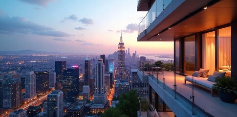 Luxury high-rise condos overlooking a vibrant city skyline Modern architecture, glass facades, and spacious balconies showcase elegant urban living , building, condos