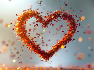 Radiant heart shape made of vibrant red and gold confetti