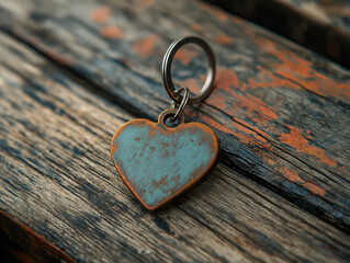 Rustic wood surface showcasing a heart-shaped keychain design