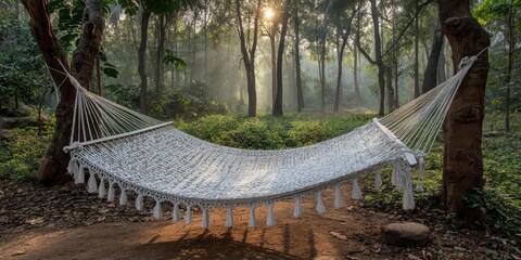 Fototapeta premium Authentic Local Experiences Concept. Tranquil Hammock Nestled Between Trees in Lush Green Forest with Soft Morning Light Filtering Through
