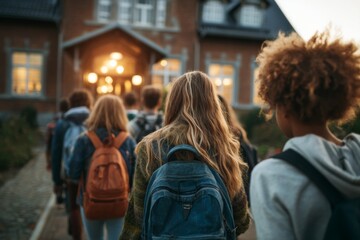 Group of students walking into a school building during back-to-school season