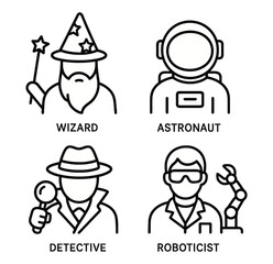 Black and White Vector Icons of Fictional and Imaginary Professions