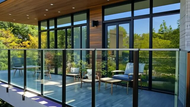 Modern architecture home with a spacious deck offering scenic views of nature and greenery