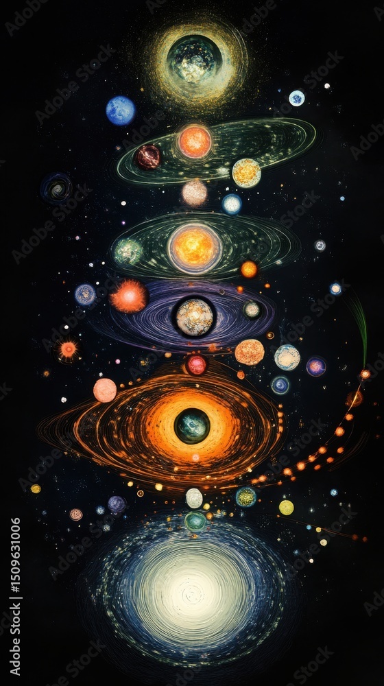 Poster abstract solar system planets stacked vertically in space on transparent background