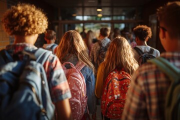 Group of students walking into a school building during back-to-school season