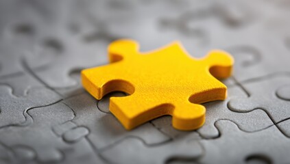 Fototapeta premium Yellow jigsaw puzzle piece on gray puzzle