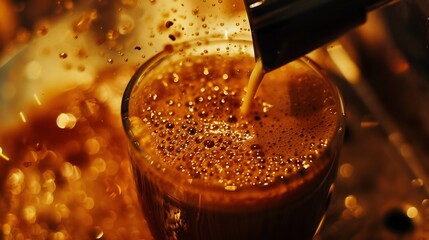 Close up of an espresso shot being brewed with rich crema forming on top