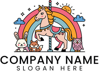 Cute Carousel Horse Rainbow Animal Friends fox owl fun art  