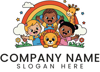 Happy Kids Rainbow Playful Cartoon Illustration fun joy lion