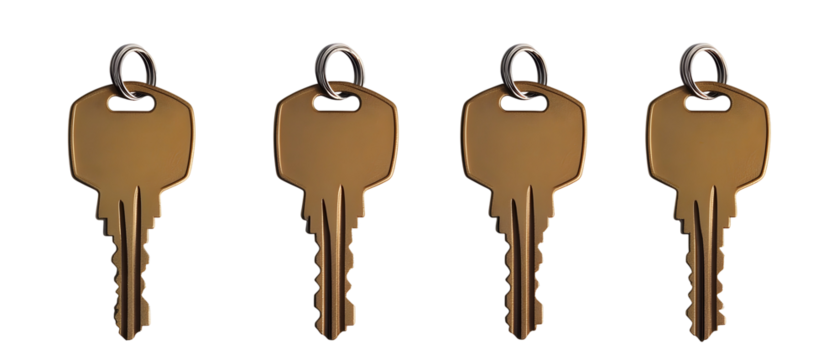 Four Golden Keys Lined Up Against a Transparent Background Representing Concepts of Security and Access