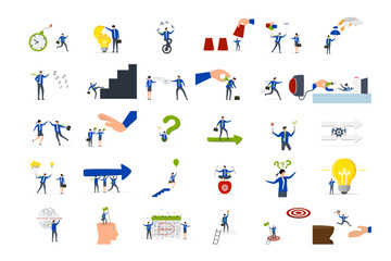 Business illustrations set. Collection of scenes with men and women taking part in business activities.