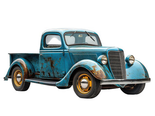 A blue truck with rusted wheels and a yellow hubcap