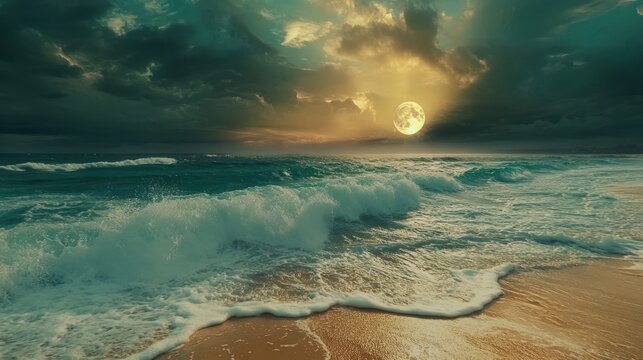 The full moon shines over a beach with ocean waves