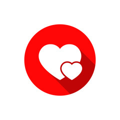 Two heart, love icon with long shadow. Romantic couple sign symbol