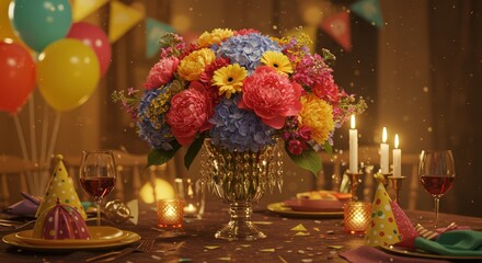 Festive Birthday Table Setting with Colorful Flowers and Candles