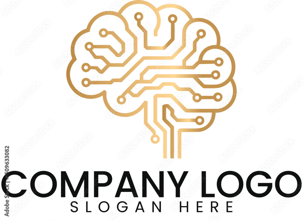 Poster golden brain circuit digital tech logo design data line icon
