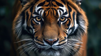 Fototapeta premium A majestic Bengal tiger staring directly into the camera, soft and even lighting, blurred minimalistic background, high-definition fur texture, cinematic close-up